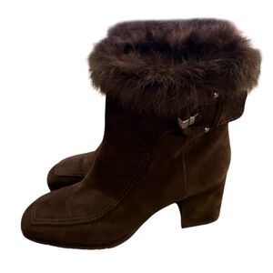 Italian Made Aquatalia Charlize Brown Suede Fur Heeled Boots